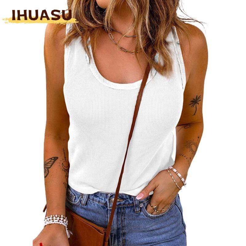 IHUASU Women's Fashion Casual Solid Color Print U-Neck Sleeveless Blouses & Shirts
