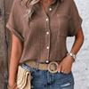 Women's Cotton Shirt Short Sleeve Button Front Turn Down Collar Loose Fit Blouse