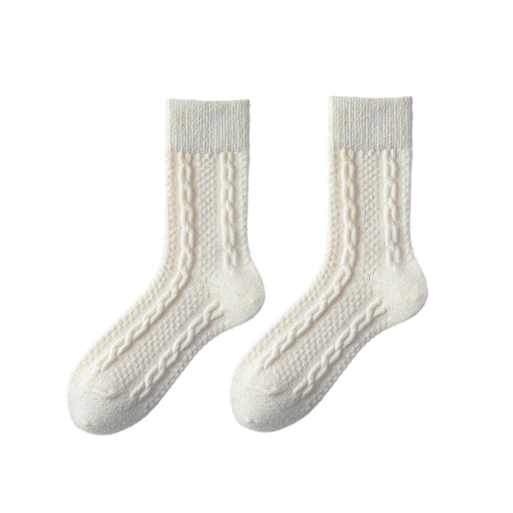 Women's Milk White Wool Socks: Autumn/Winter Cable Knit, Thickened for Warmth, Grey Tones, Mid-Calf Slouch Socks