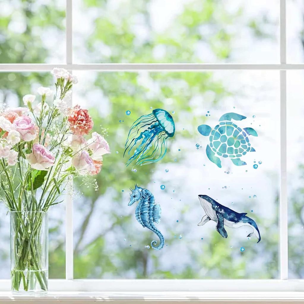 GORGECRAFT 4 Styles Sea Animals Window Decals Static Glass Sticker Turtles Seahorses Whales Jellyfish Pattern Window Clings Film Bedroom Bathroom