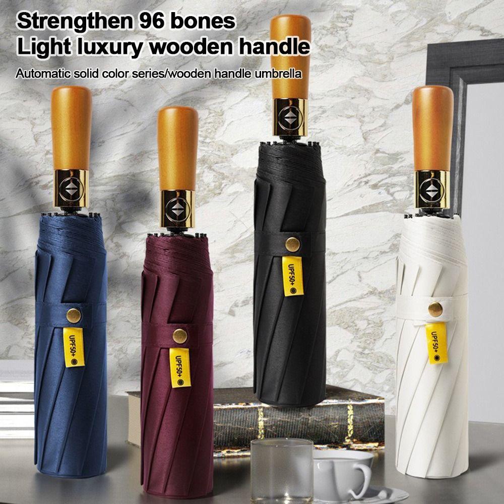 108 Bones Automatic Umbrella Reinforced Frame Double Folding Sun Umbrella Windproof Wood Handle Rain Umbrella Outdoor Travel