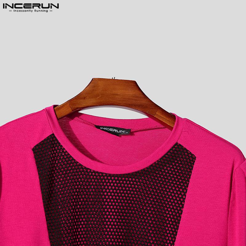 INCERUN Sexy Men Mesh Patchwork Long Sleeved Hollow Out Short T-shirts Tops
