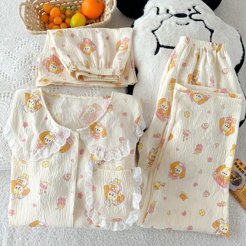Chef Cake Doll Collar Pajamas Women'S Summer Cloud Cotton Loungewear Short-Sleeved Three-Piece Set