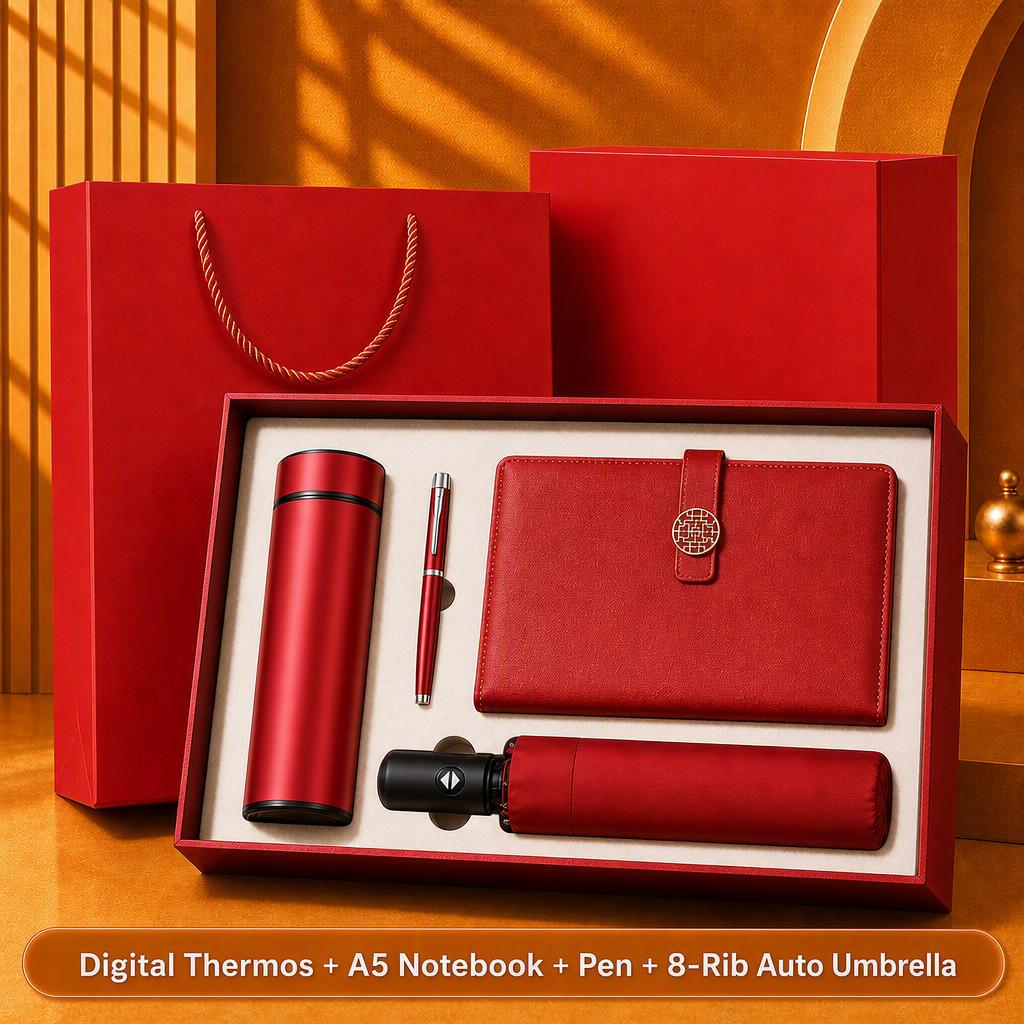 Custom Logo 7-in-1 Business Gift Set Power Bank Bluetooth Speaker Vacuum Flask 304 Stainless Steel Silver Gift Box