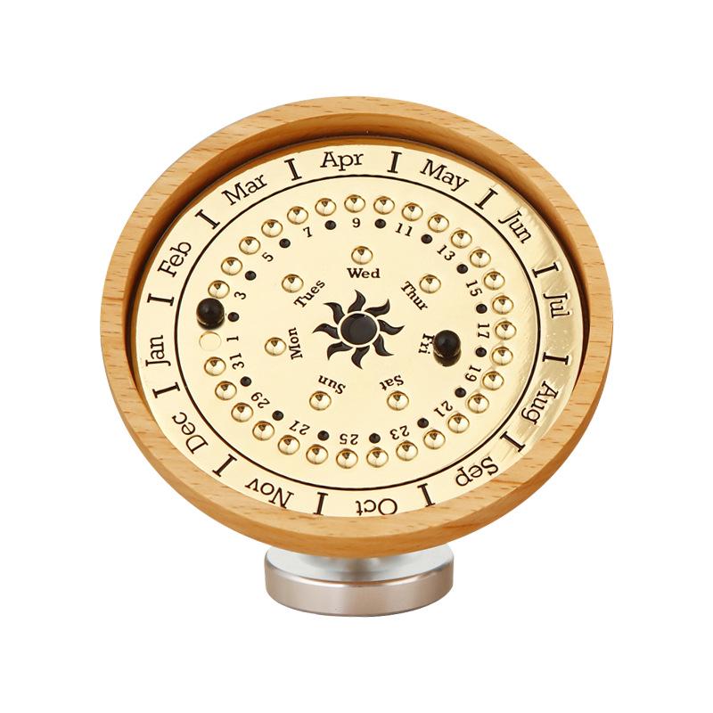 Adjustable Wooden Sundial Perpetual Calendar, Desktop Ornament and Timer for Home or Office Decor