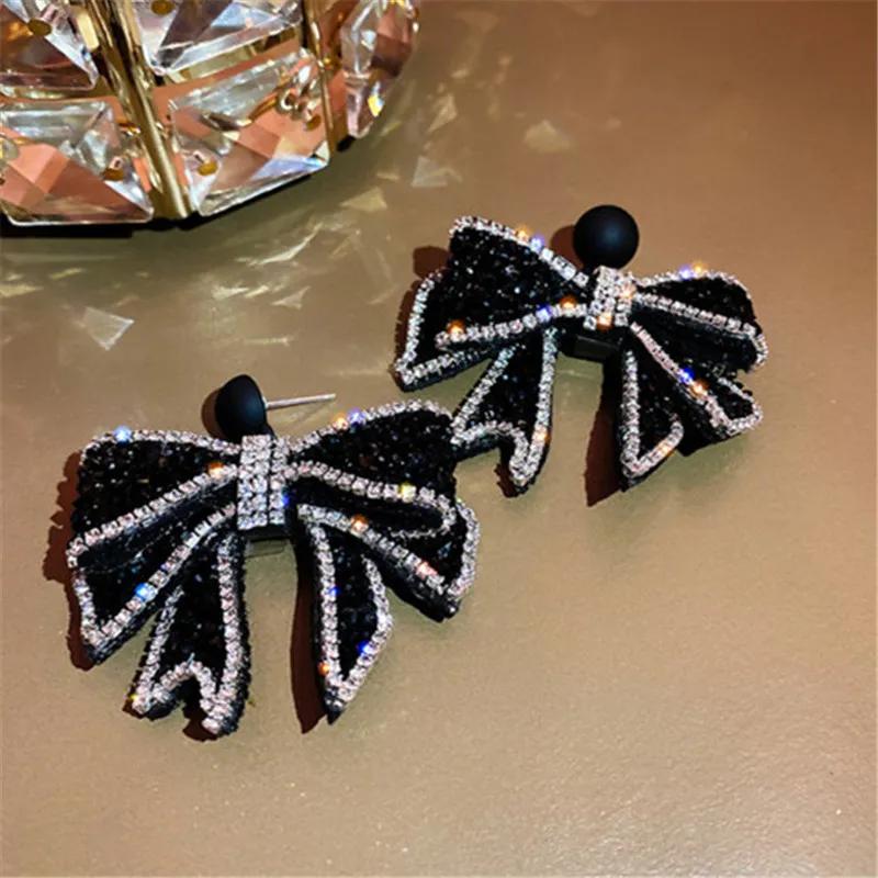 Korean Style Black Bowknot Dangle Earrings for Women Rhinestone Earrings Weddings Party Jewelry Accessories
