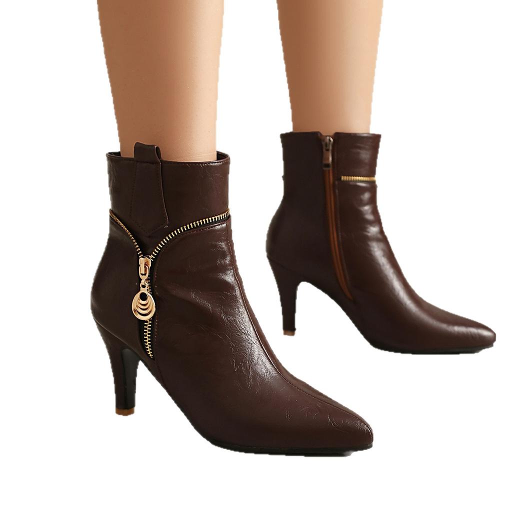 Wind Kurzstiefel Spitze Seitenreißverschluss Dünner Absatz Hoher Absatz Damenstiefel Große Größen 34-47