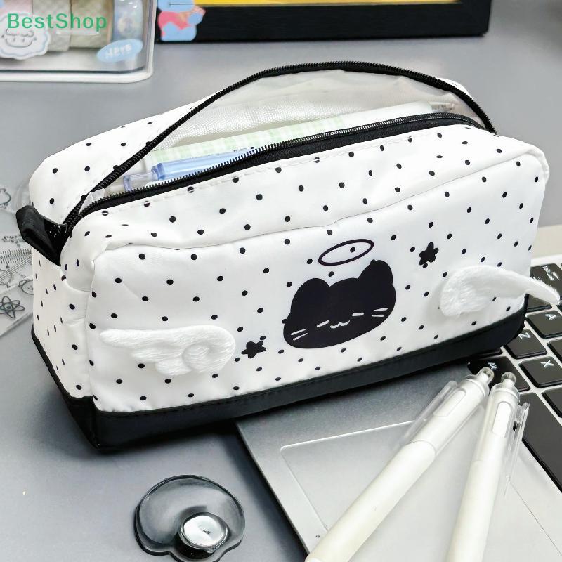 Black Polka-Dot Angel Cat Pencil Case,Large-Capacity Student Stationery Organizer