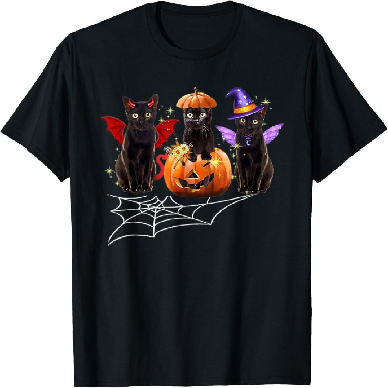 Three Black Cats Dracula Vampire Pumpkin Halloween Costume T-Shirt S
