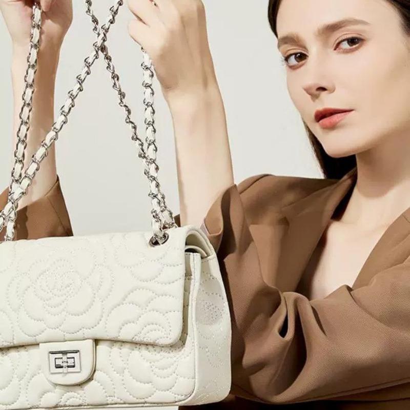 New leather small square bag camellia pattern first layer sheepskin texture chain crossbody women's bag