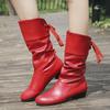 Fashion round head low heel thick heel leather boots women large size rear ribbon medium boots women