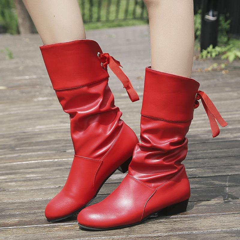 Fashion round head low heel thick heel leather boots women large size rear ribbon medium boots women