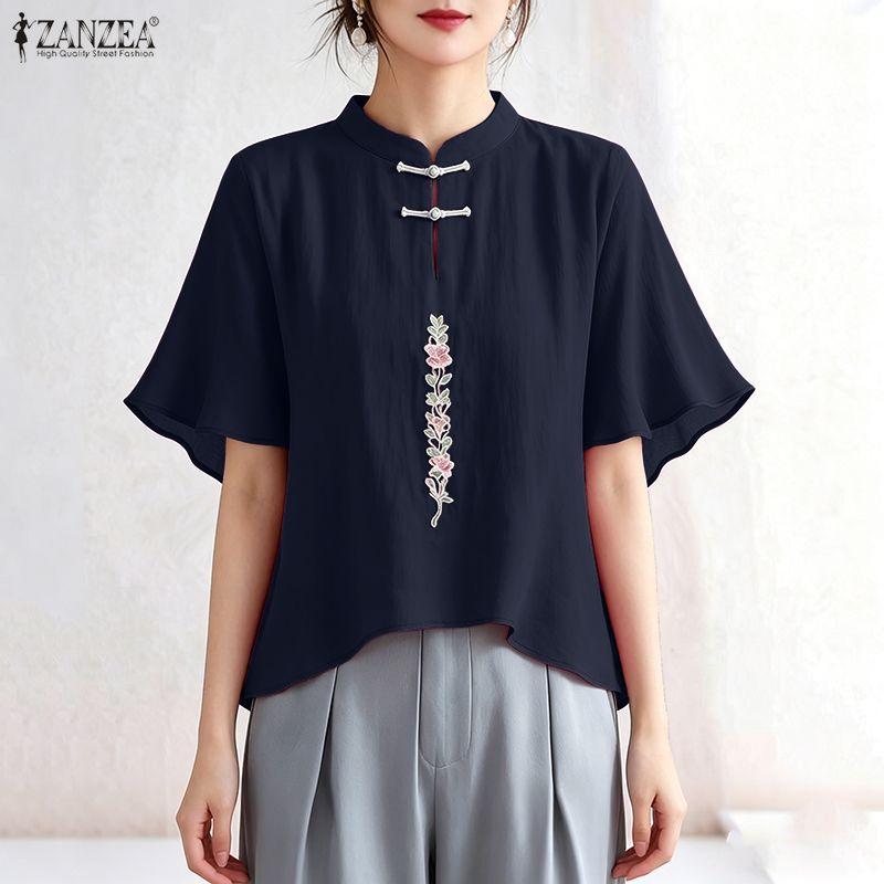 ZANZEA Women Stand Collar Casual 3/4 Sleeve Embroidery Print Loose Blouse