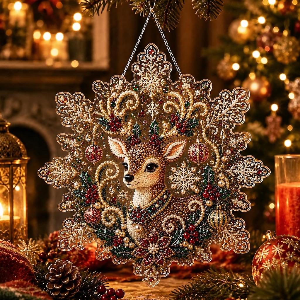 Christmas Pearl Diamond Painting Suncatcher Kit - 8 Inch Acrylic Snowflake Ornament with 3D Mixed-Size Beads Pre-Assembled Metal Chain for Holiday