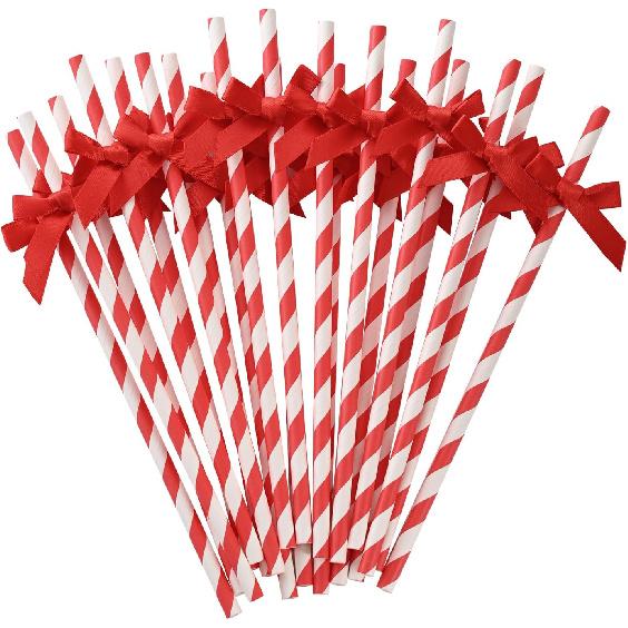 20pcs Pink Bow Straw, 7.7inch Biodegradable Cute Paper Straw, Wedding, Picnic, Birthday, Party Supplies for Juice Coffee Tea Cocktail Smoothie