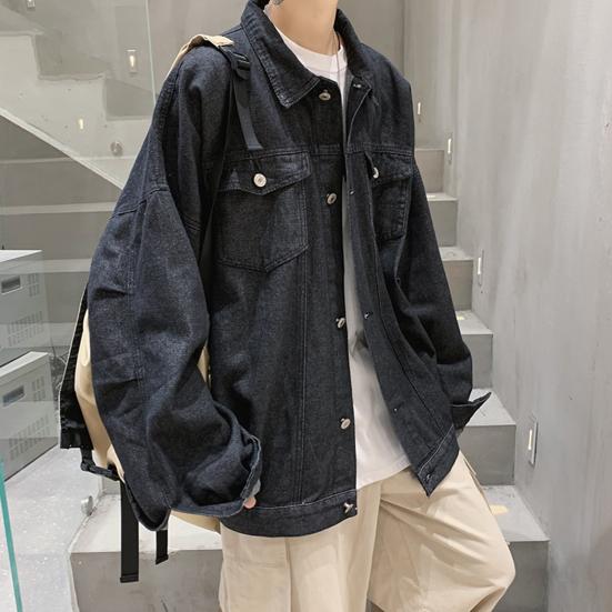 Men Denim Coat Lapel Long Sleeve Flap Pockets Single Breasted Jacket with Flap Pockets Solid Color Loose Fit Denim Outerwear