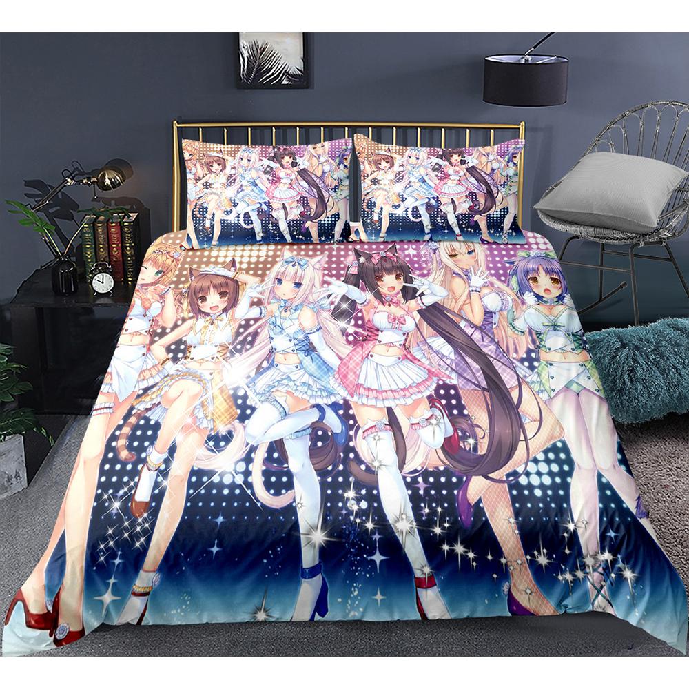 Cute Anime Cat Maid Pattern NEKOPARA 3pcs Bedding Set Game Printing Duvet Cover and Pillowcase Bedroom Decorate for Otaku Teens