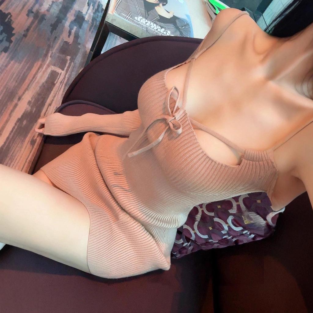 Korean Dongdaemun Lace-up Halter Bodycon Knit Dress