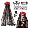 Women's Halloween Bride Costume Set with Red Black Rose Lace Choker and Face Stickers for