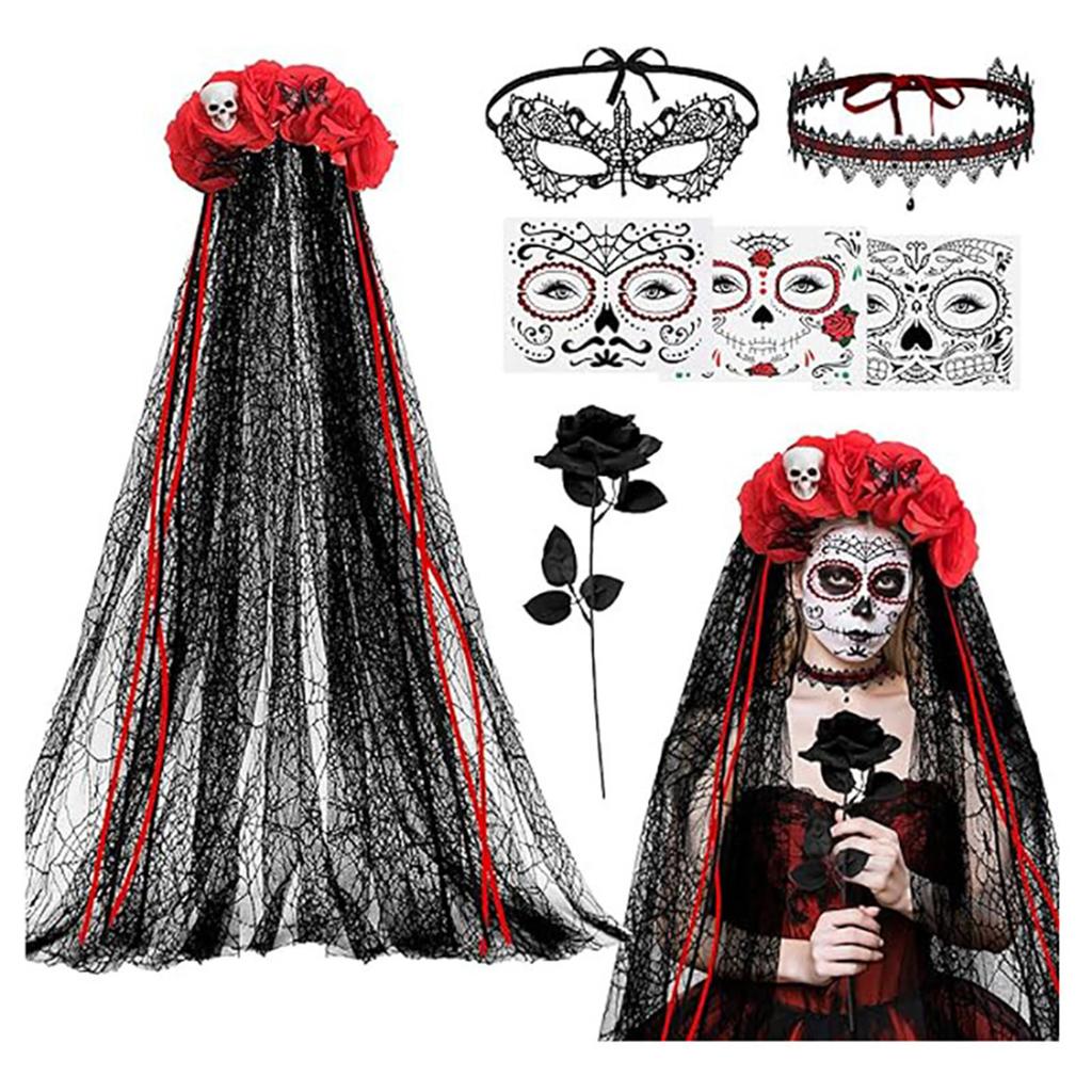 Women's Halloween Bride Costume Set with Red Black Rose Lace Choker and Face Stickers for