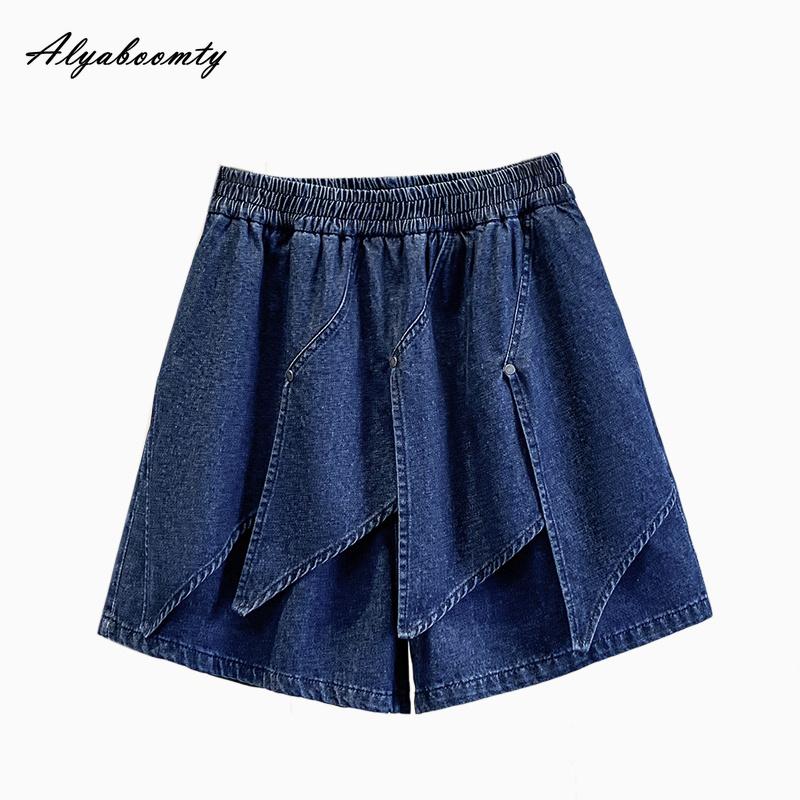 Taglie Forti Estate Donna Streetwear Pantaloncini di Jeans Vita Alta Casual Larghi Eleganti Pantaloncini-Gonna Base Donna Blu Gamba Larga Shorts