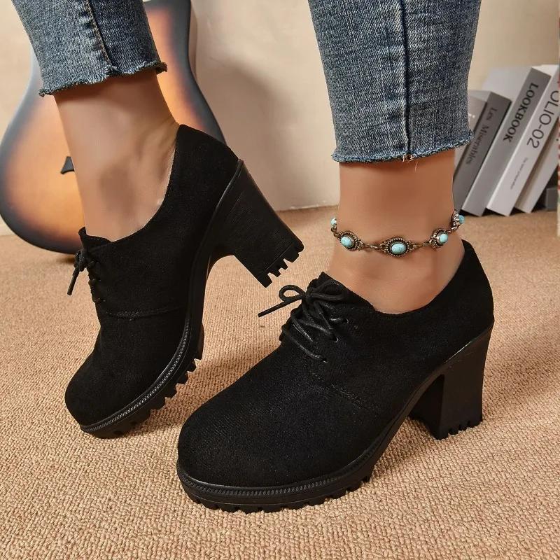 

Модная женская обувь 2024 Новые женские туфли на высоком каблуке со шнуровкой спереди Горячая распродажа Круглый носок Офис и карьера Большой размер Однотонные каблуки Женские 42