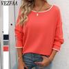 Women's Fashion Casual Fall Winter Solid Color Print Long Sleeve O-Neck Sweaters