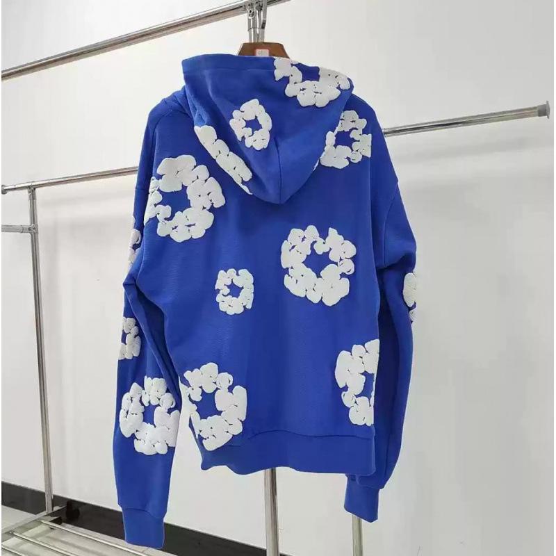 Sweat à capuche tendance Streetwear Homme Denim Premium Tears Ligne Principale Fleur de Coton