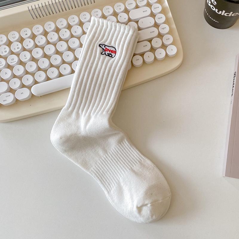 Men's Trendy Mid-High Cotton Socks with Polar Bear Embroidery - Black & White Sports Long Socks