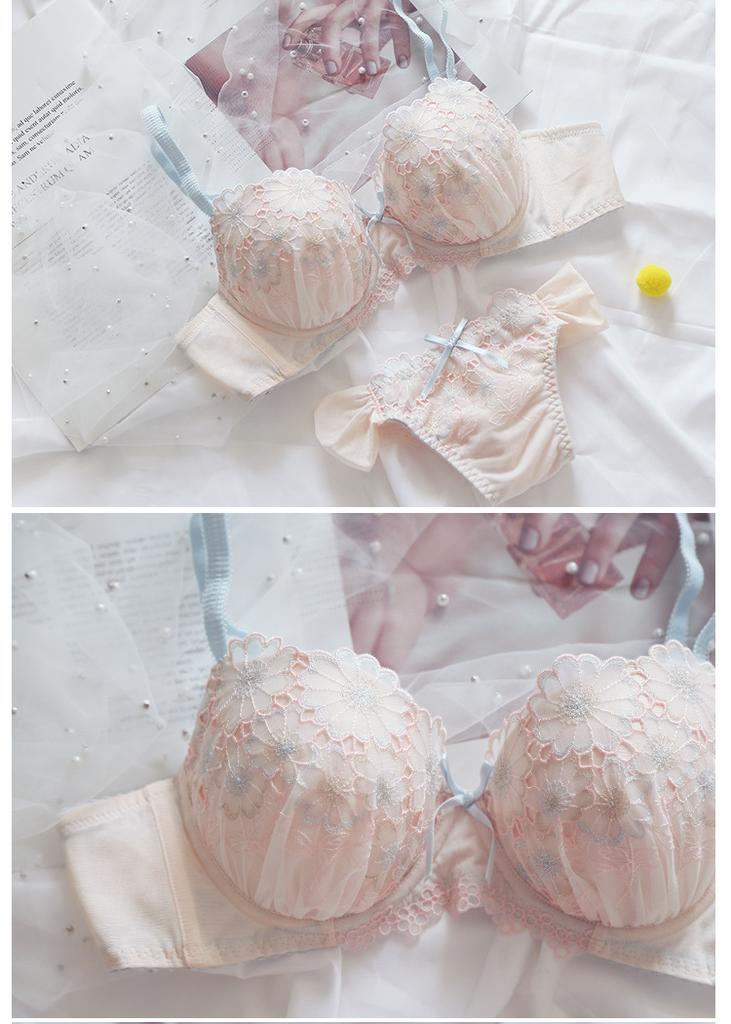 No Steel Rim Japanese Gathering Girl Bra Sweet and Cute Mesh Embroidery Breathable Thin Women's Underwear Bra