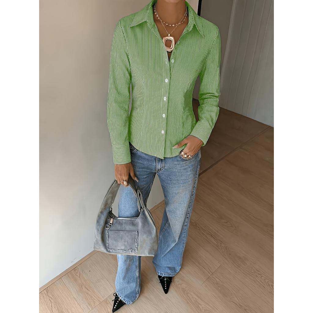 Blouses & Shirts - Spring Autumn Women's Vertical Striped French Long Sleeve Shirt, Design Sense Slim Waist Fitted Blouse Women, Crossborder Top
