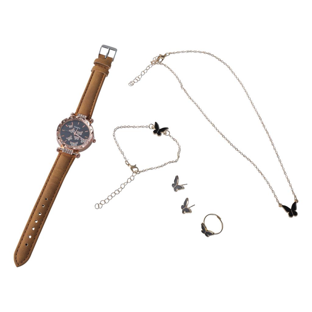 6pcs/set Luxury Watch Women Rings Necklace Earrings Bracelet Set Butterfly Leather Strap Watches Lady Wristwatch No Case