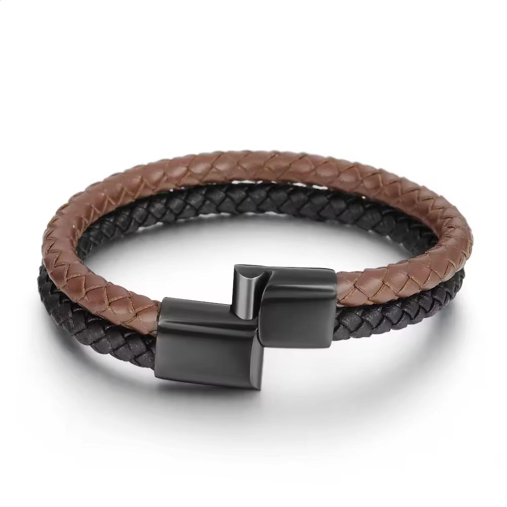 Hot Sale Spot Fashion Double Layer Multicolor Leather Stainless Steel Bracelet For Men
