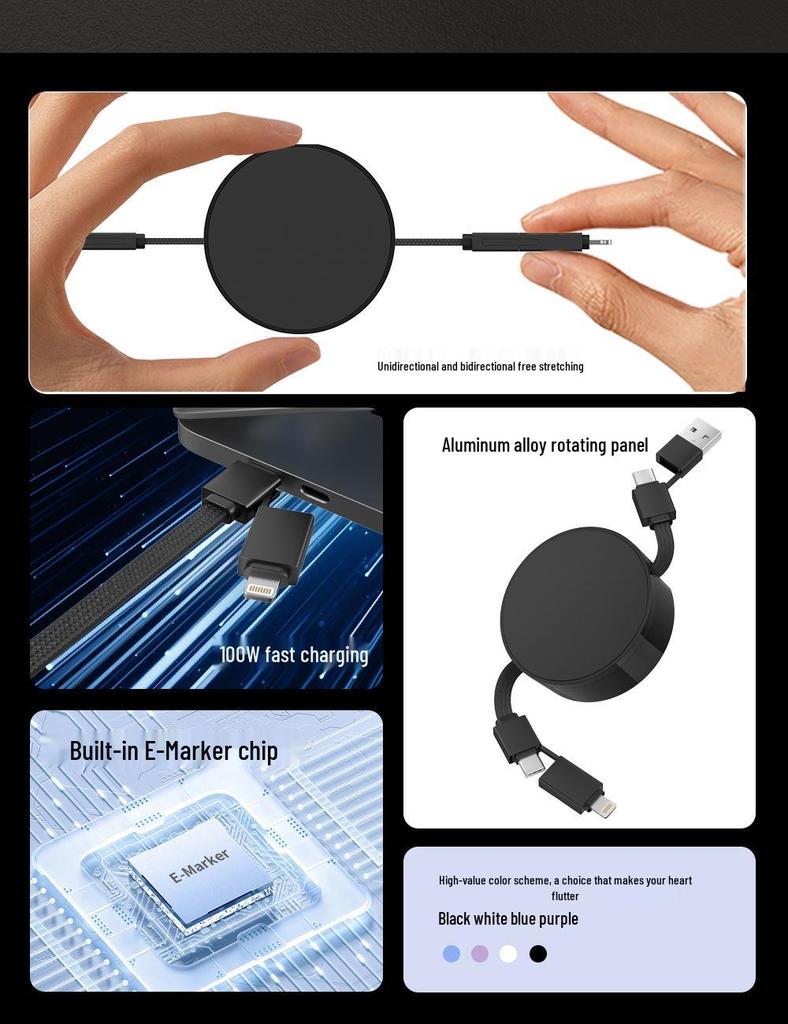 100W Rotating Telescopic 4-in-1 PD Fast Charging Cable with Custom Logo