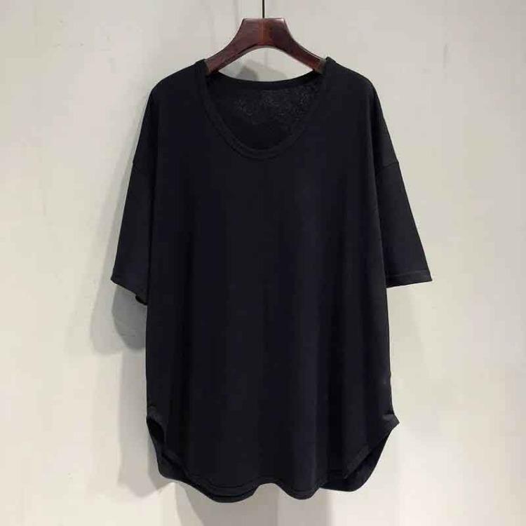 

Корейская версия Ленивая Свободная Футболка с U-образным вырезом и рукавом «летучая мышь» Летний Весенний Топ с коротким рукавом Средней длины Арочного стиля 3XL чёрный