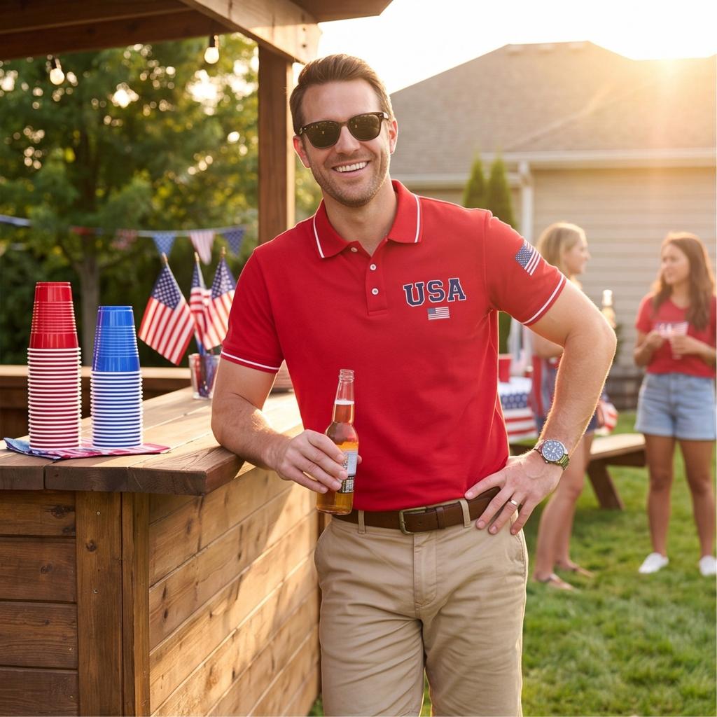 Men's Short Sleeve Polo Shirt Button Down Collar Classic Fit Casual Polo Shirt with Embroidered USA and Flag Patch
