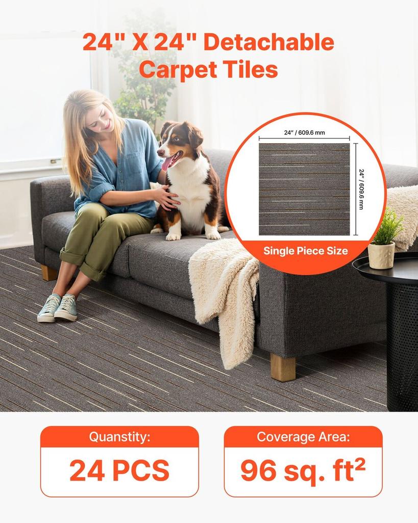 Carpet Tiles Reusable 610x610 Mm, 24 PCS Modular Carpet Square Rug, Commercial Floor Soft Padded for Seamless Cover 8.9, Easy DIY Replacement for