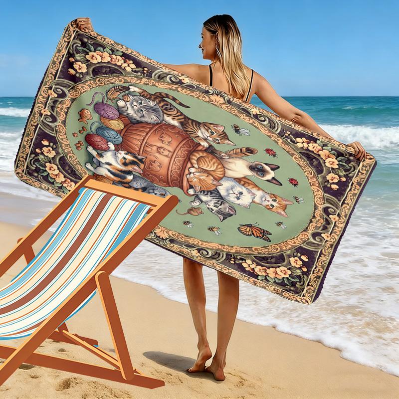 Vintage Floral Art Print Beach Towel, Large Soft Quick Dry Towel for Beach Camping Swimming