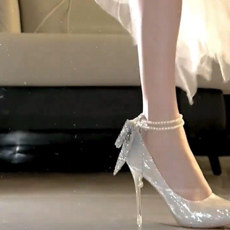 French Fairy Style Pearl Word with Silver Sequined Bow High Heels Female Sweet Pointed Stiletto Single Shoes