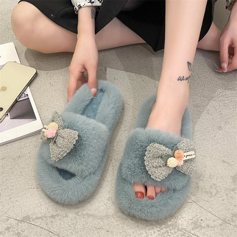 Fashion New Winter Girl Cute Bow Knot Thick Sole Cotton Slippers Women's Comfortable Home Indoor Slippers Thickened Plush Warm Slippers