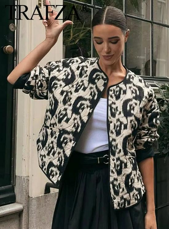 Autumn Retro Women's Fashion Loose Long Sleeve Printed Cotton-Padded Jacket