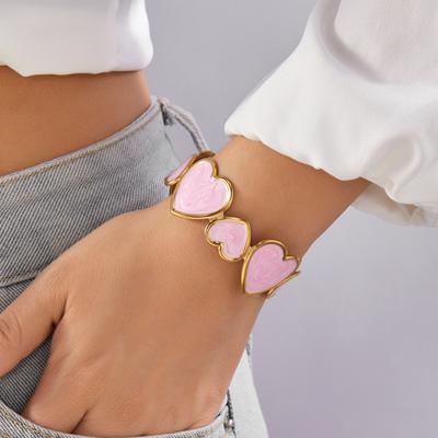 Sweet Romantic Pink Heart Love Cuff Bracelets for Women Girl Stainless Steel Enamel Heart Wrist Bracelets Waterproof Jewelry