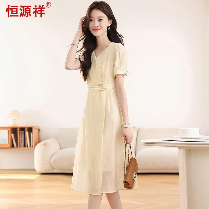 Elegant French V-Neck Midi Dress