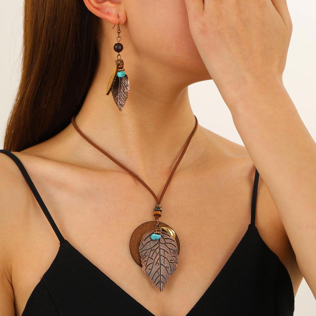 Bohemian Leaf Earrings & Necklace Set - Ethnic Long Sweater Chain Jewelry for Women
