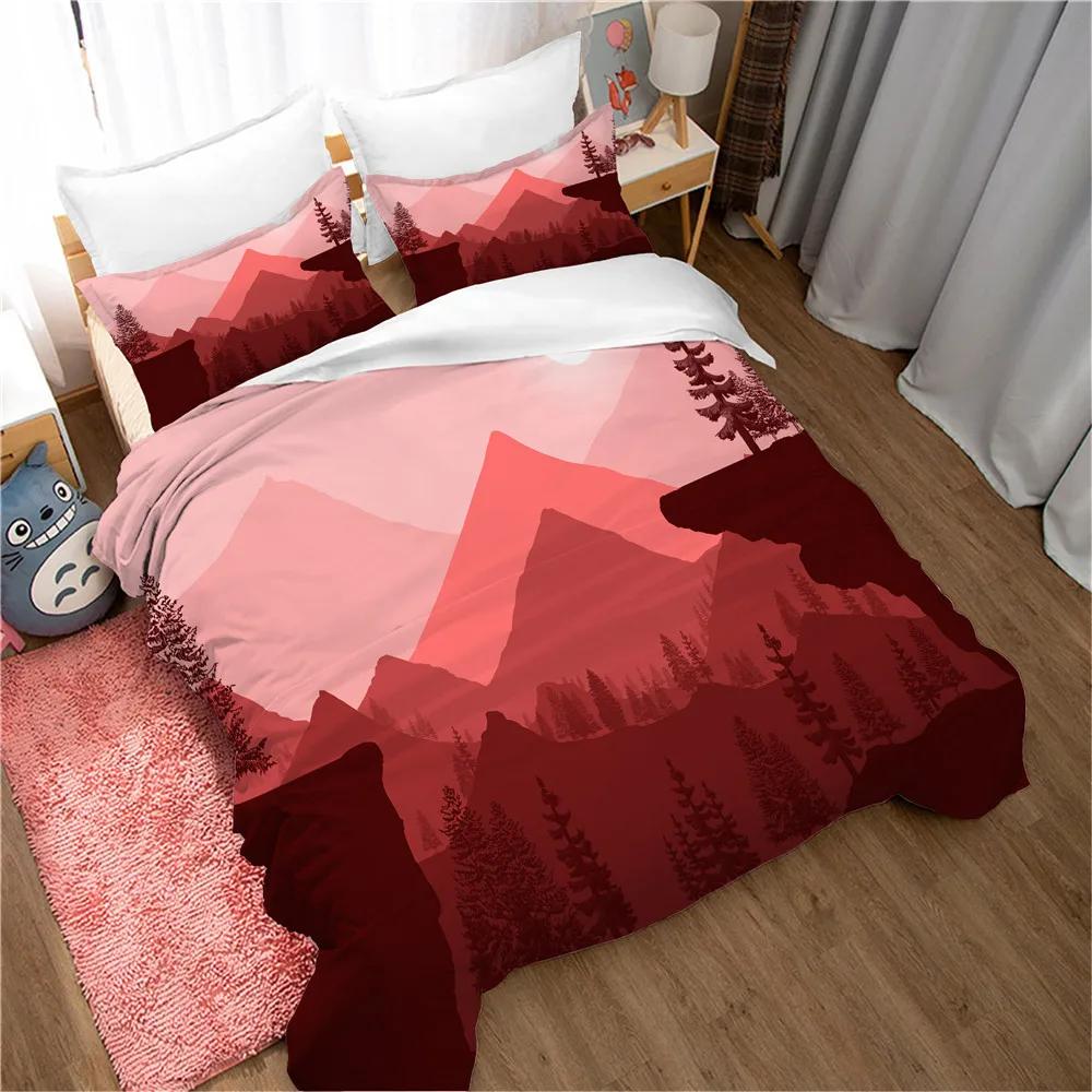 Mountain Duvet Cover Set Forest and Bright Moonlight Elk Landscape Mountain Bedding Set King Size Soft Polyester Comforter Cover