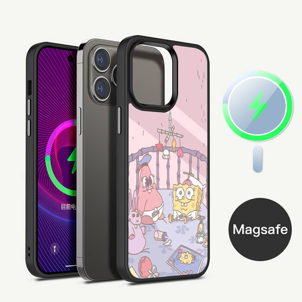 S-Spongebob Fun Cartoon Phone Case Magnetic Case For IPhone 16 14 13 12 11 15 Pro Max Plus For Magsafe Wireless Charge Cover