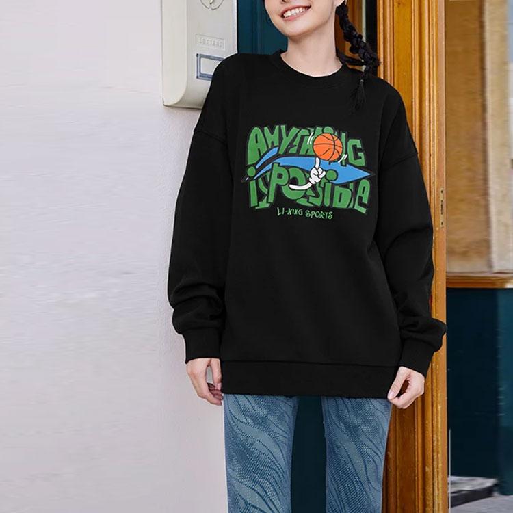 Li-Ning Sports Basketball Series Letter Print Warm Fleece Casual Crew Neck Sweatshirt Unisex Tops Black AWDSG95-2