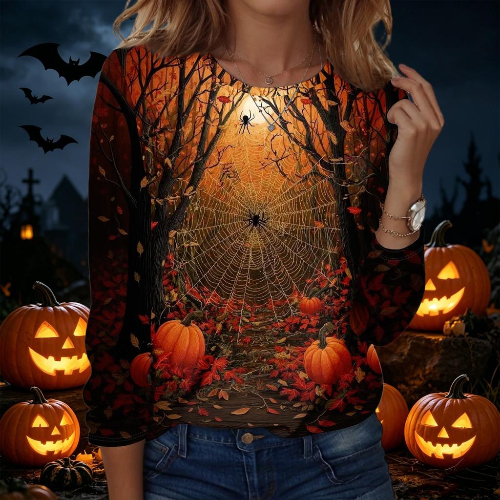 Women's Halloween Graphic Pullover Sweatshirt Long Sleeve Crew Neck Casual Top for Fall and Winter Seasonal Wear
