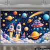 2D plane cartoon background with double rocket flying saucer. Deep blue sky, double rockets, planets, flying saucer,DJH