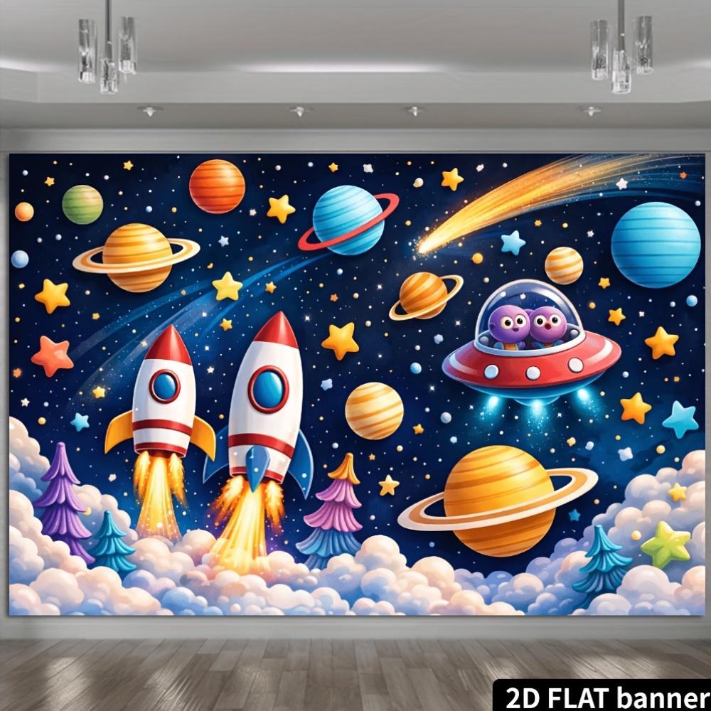 2D plane cartoon background with double rocket flying saucer. Deep blue sky, double rockets, planets, flying saucer,DJH